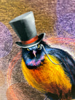 Colorful bird wearing a top hat on a textured background