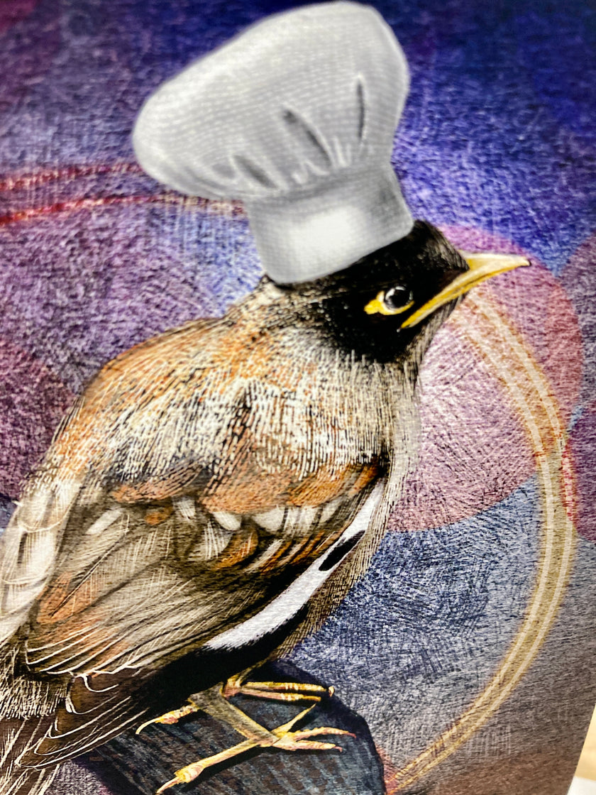 Bird wearing a chef's hat on a colorful background