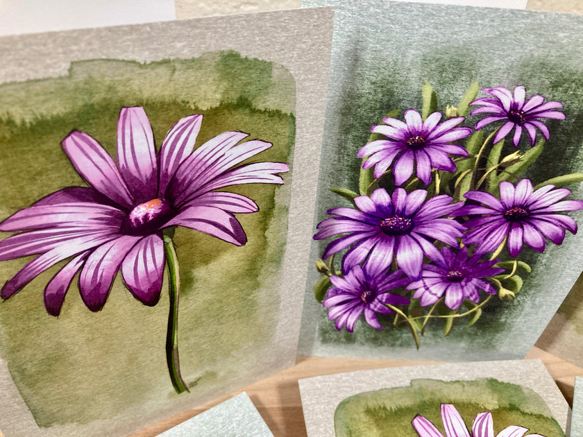 Illustrations of purple flowers on watercolor backgrounds