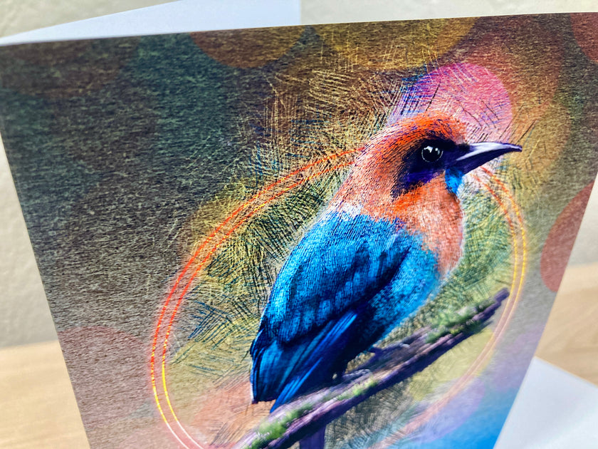 Colorful bird illustration on a textured card