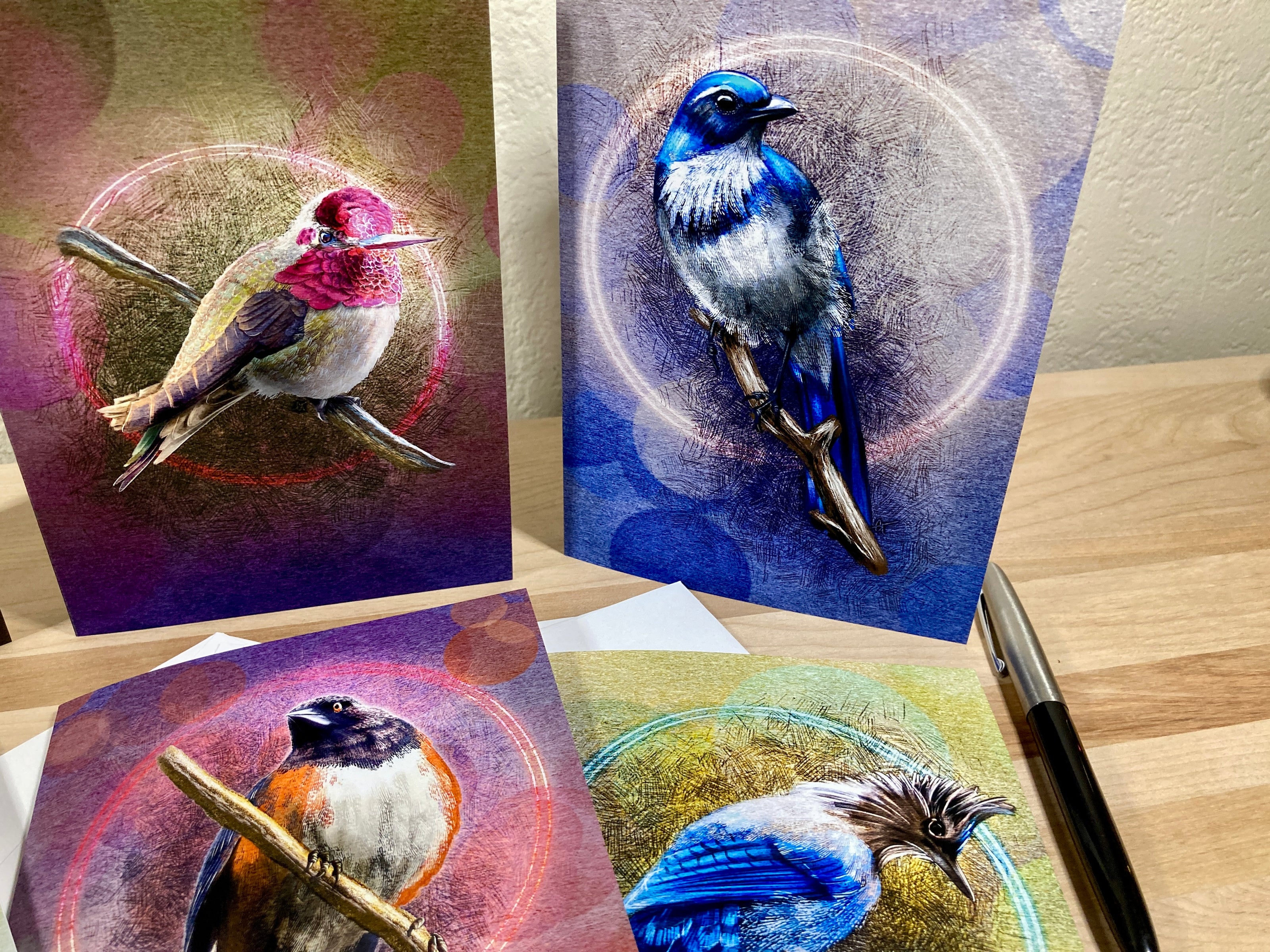 Four greeting cards with bird illustrations on a wooden surface.
