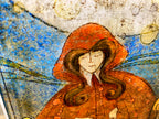 Artistic depiction of a fairy with a red hat and wings, on a textured background.