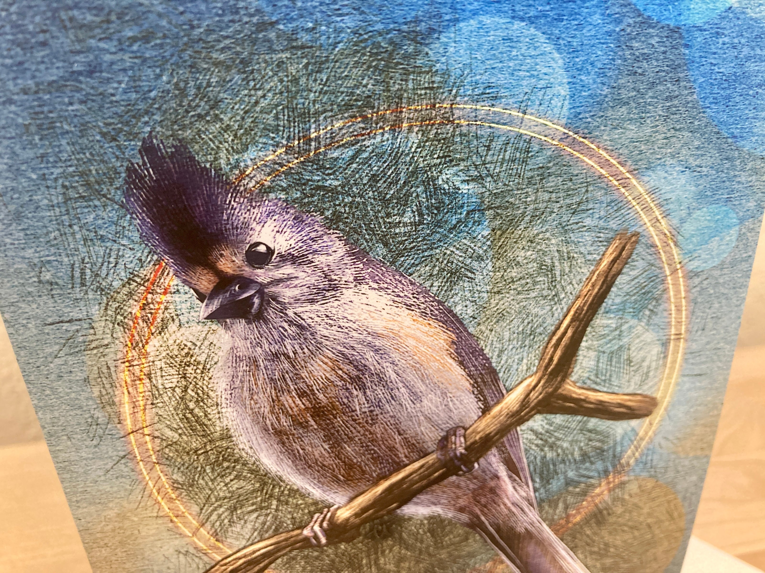 Illustration of a bird perched on a branch with a textured background