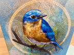 Detailed illustration of a blue bird on a branch with a textured background