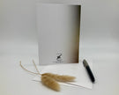 Greeting card with decorative feather and pen on a white background