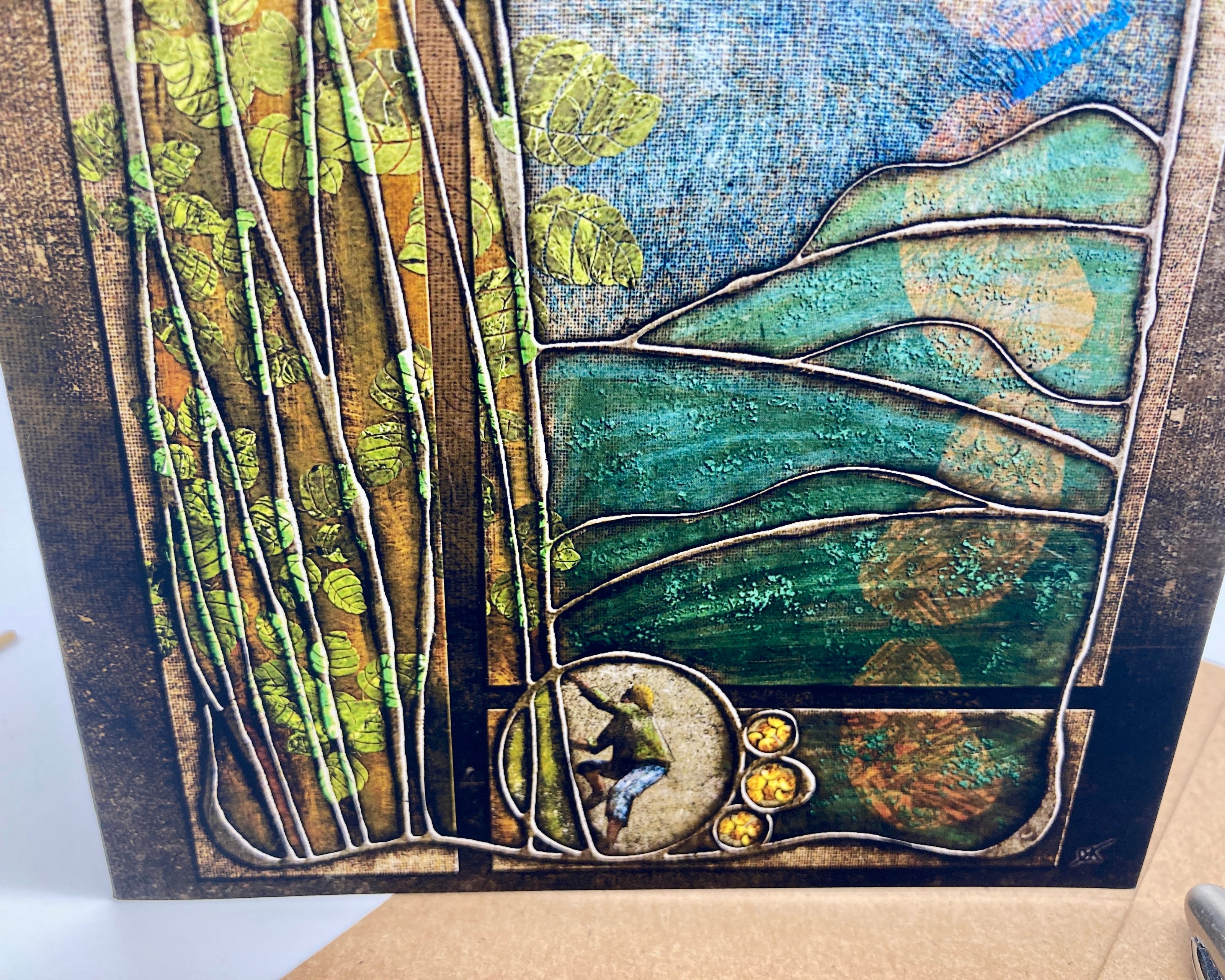 Artistic depiction of nature with leaves and a bird on a textured background