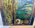 Artistic depiction of nature with leaves and a bird on a textured background