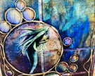 Abstract artwork with a dragon and bubbles on a blue and purple background