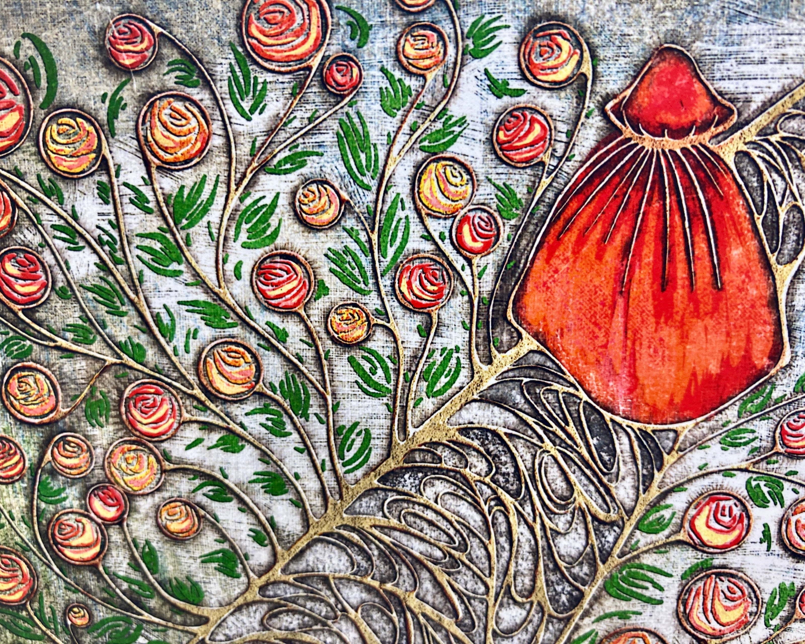Decorative artwork with floral patterns and a red pouch on a textured background