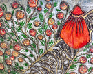 Decorative artwork with floral patterns and a red pouch on a textured background