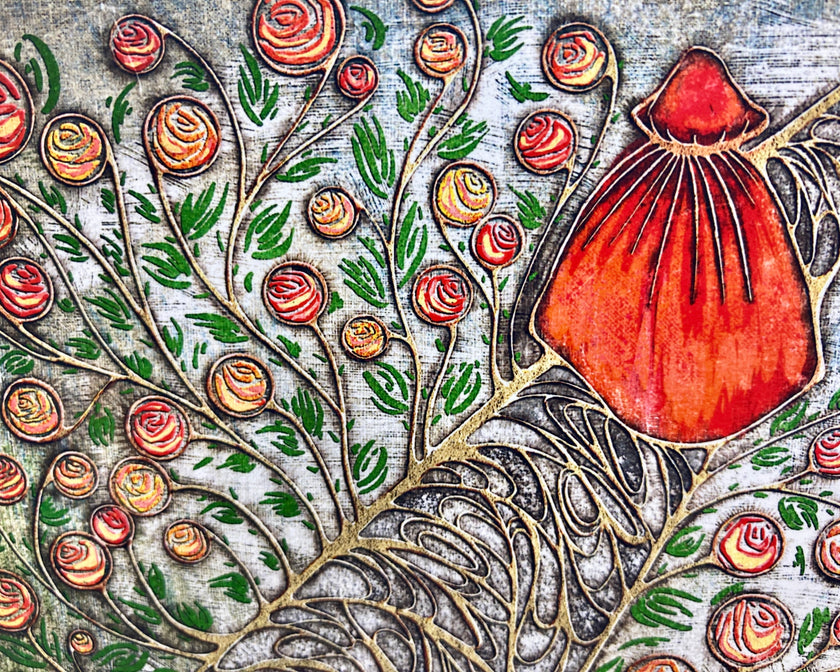 Decorative artwork with floral patterns and a red pouch on a textured background