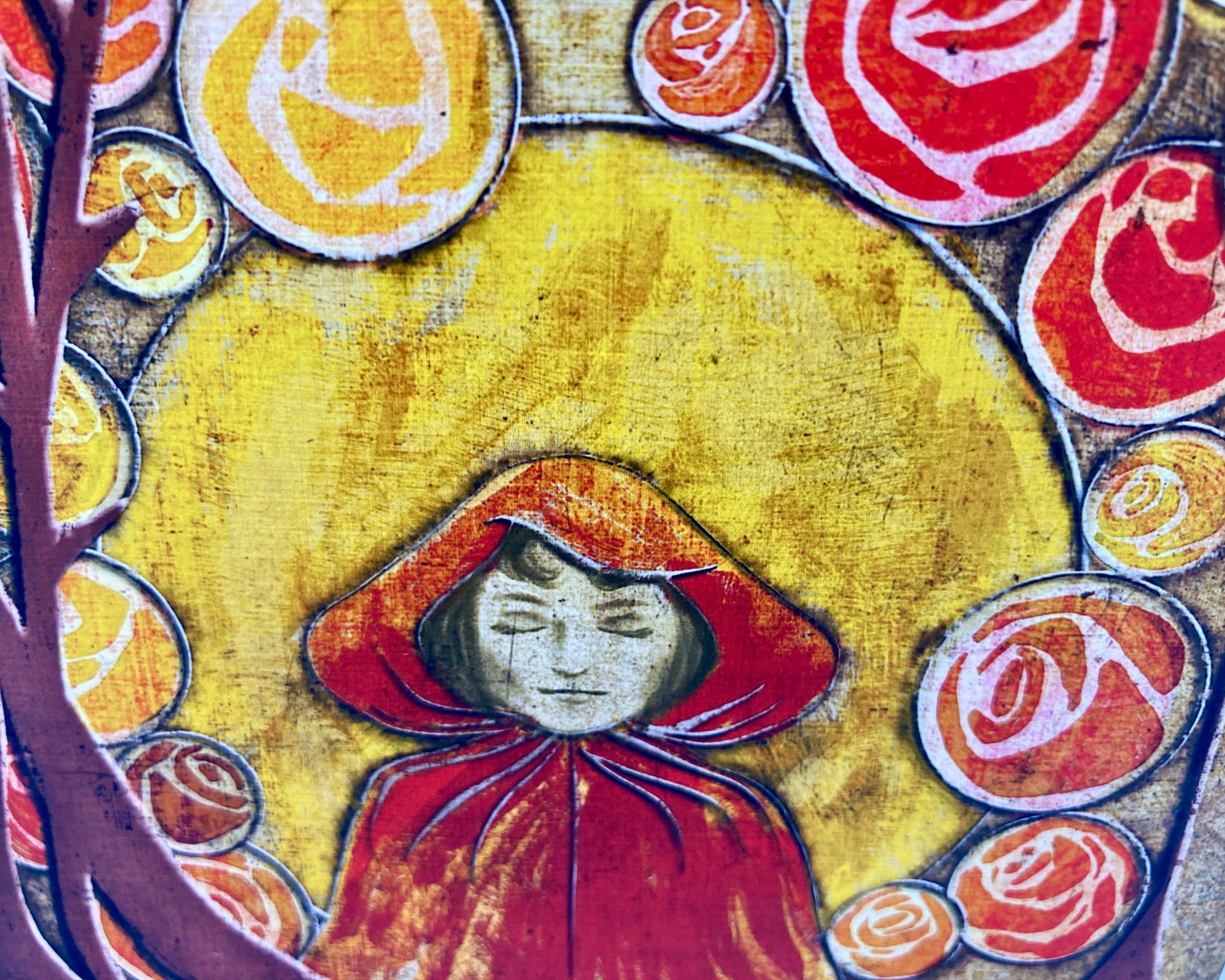 Illustration of a hooded figure with circular floral patterns in the background