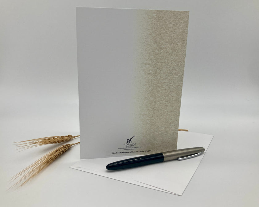 Greeting card with pen and wheat on a white background