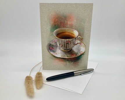 Soft Pink Rose and Gold Teacup Single Greeting Card