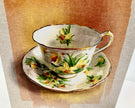 Floral teacup and saucer set on a textured brown background
