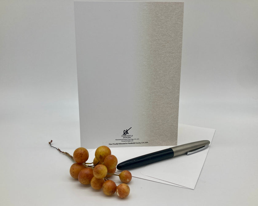 Back of a greeting card, pen, and fruit on a white surface