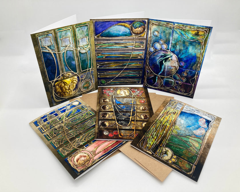 Set of artistic greeting cards with stained glass design on a white background