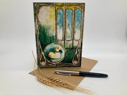 Decorative greeting card with a duck illustration on a white background