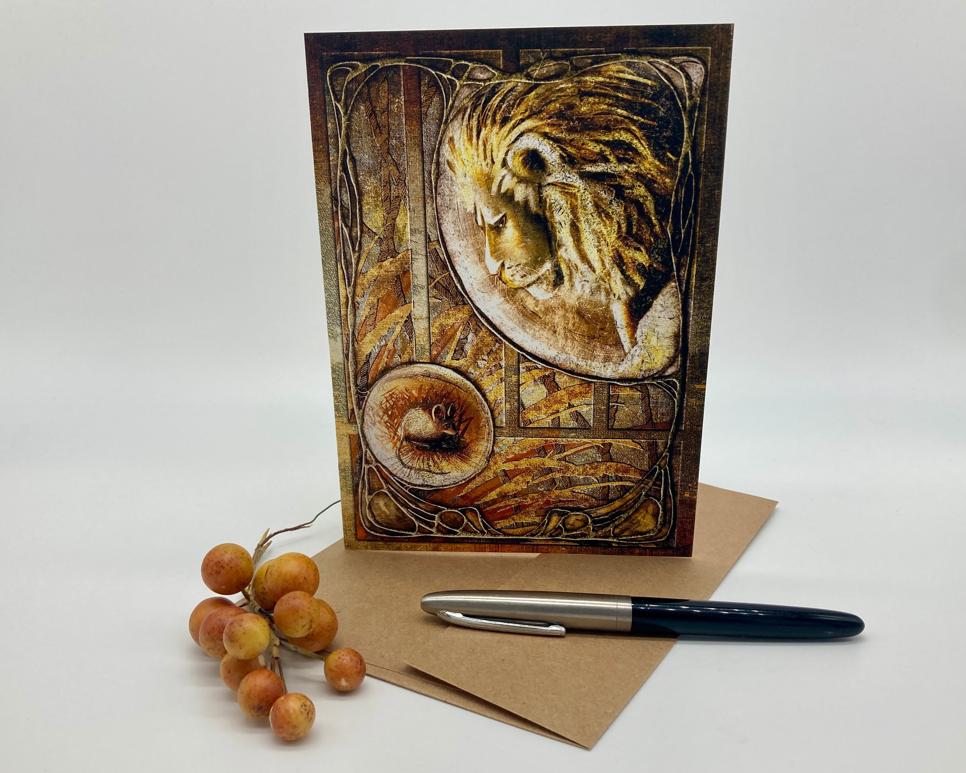 Greeting card with a lion design on a white background