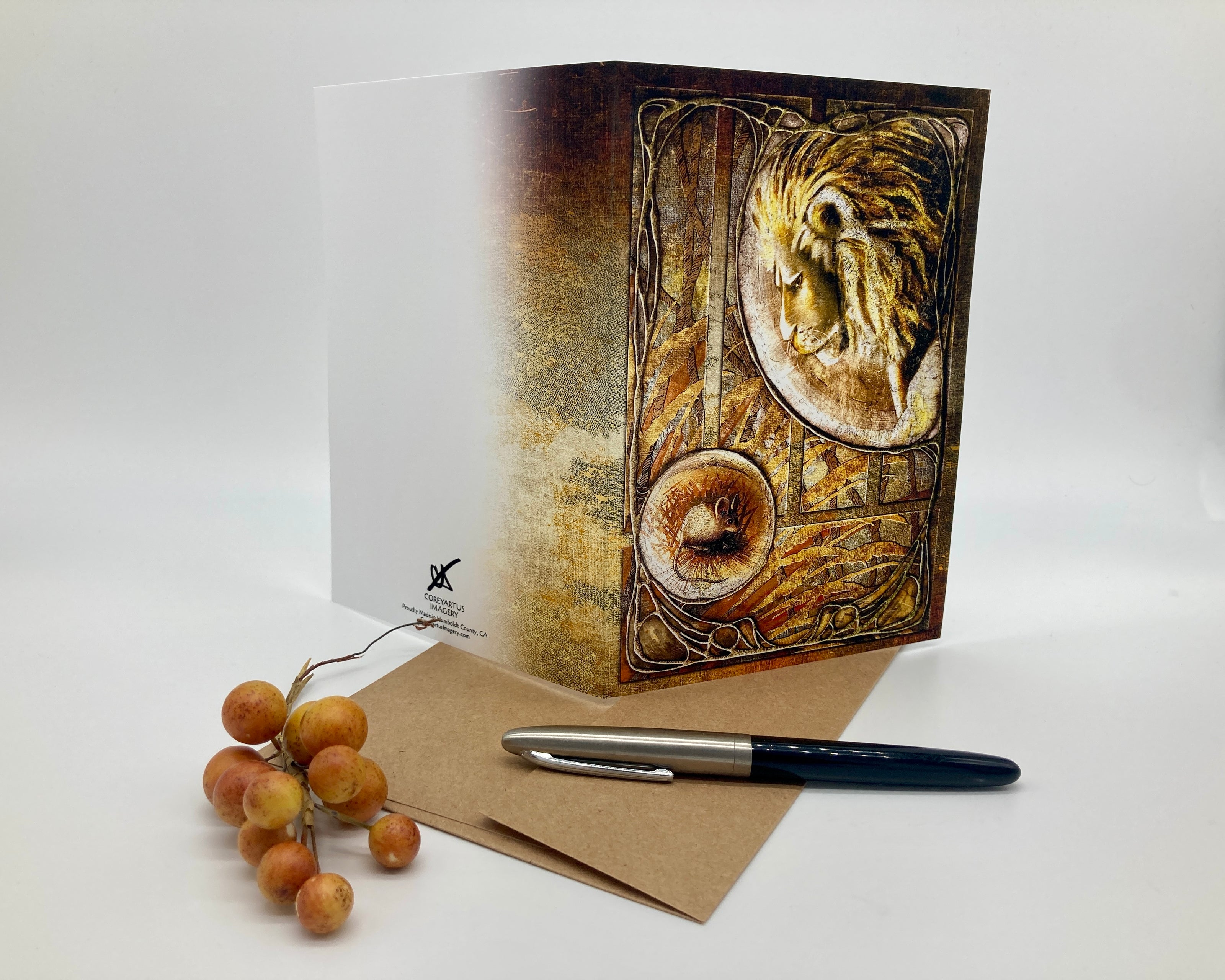 Greeting card with wolf design, pen, and berries on a white background