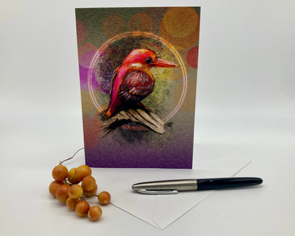 Greeting card with a bird illustration on a white background with berries and a pen.