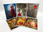 Set of six artistic greeting cards with various designs on a white background