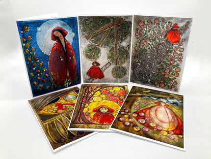 Set of six artistic greeting cards with various designs on a white background
