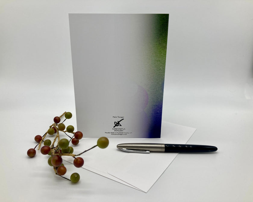 Greeting card with pen and decorative branch on a white background