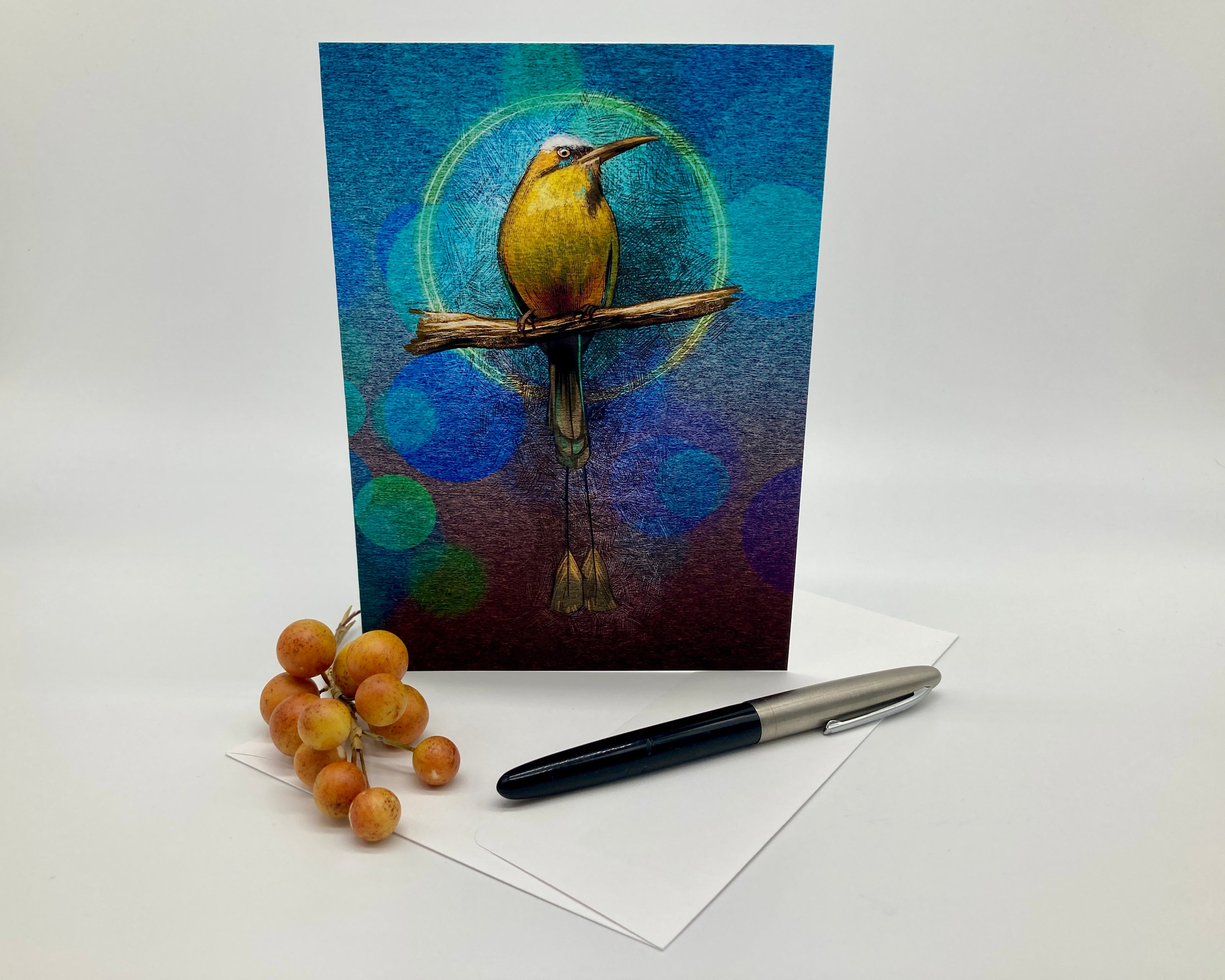 Greeting card with a bird illustration on a white background