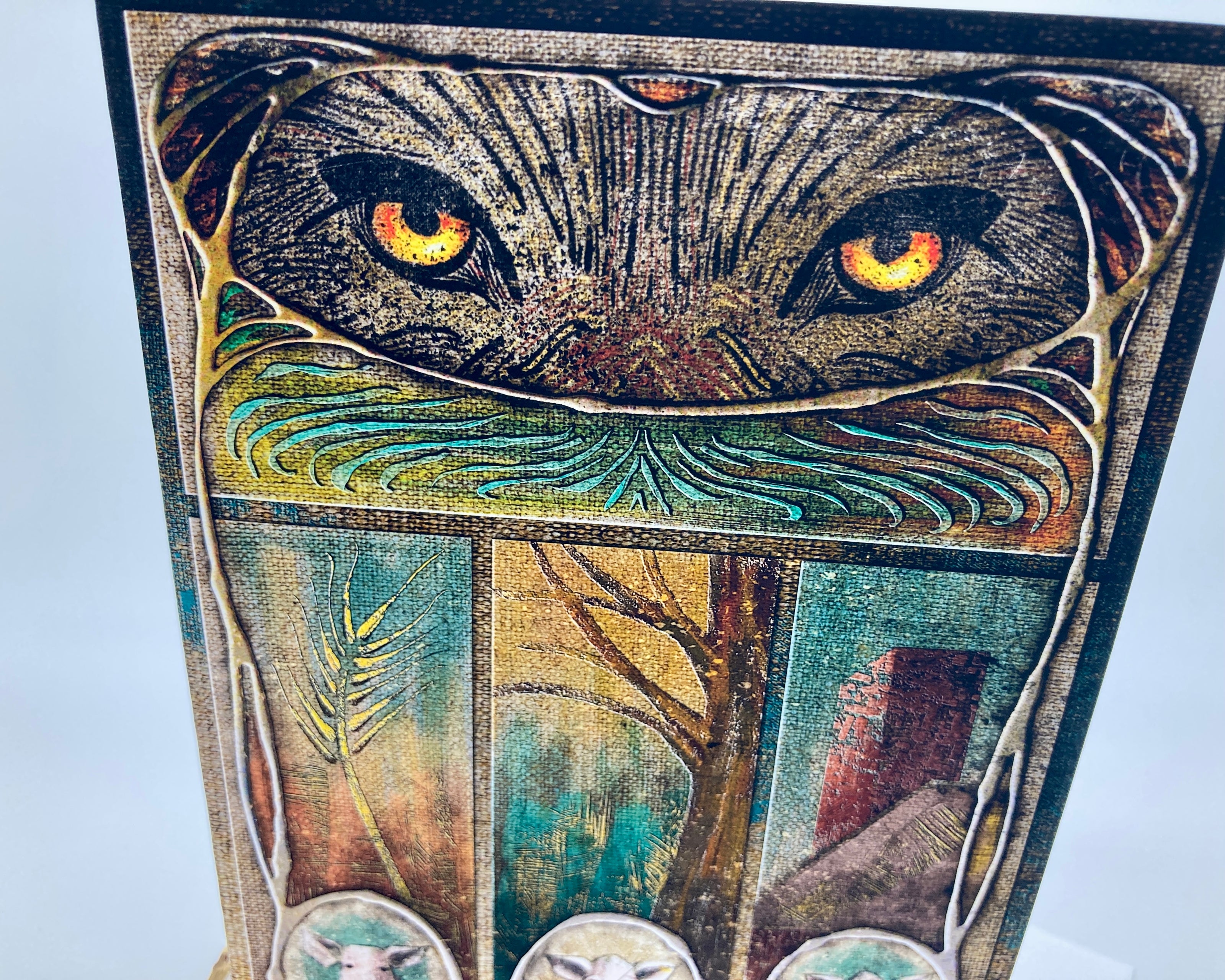 Artistic depiction of a snake with glowing eyes on a textured background