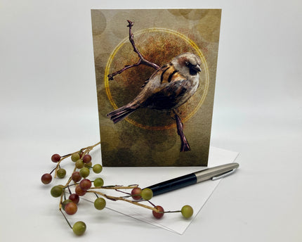 Greeting card with a bird illustration on a branch, surrounded by berries and a pen.