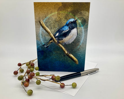 Greeting card with a blue bird illustration on a branch, accompanied by a pen and decorative branches.