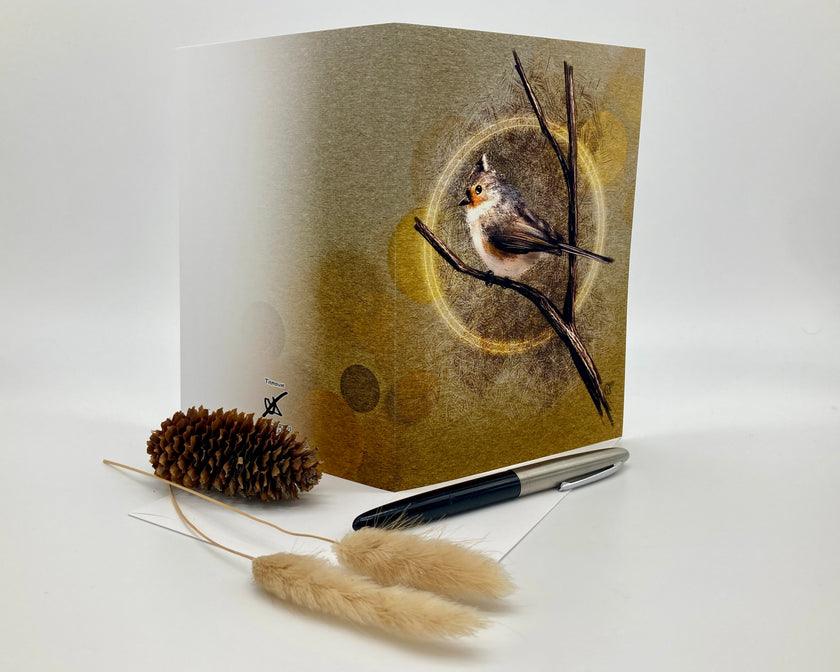 Greeting card with a bird design on a branch, accompanied by a pen and decorative elements.
