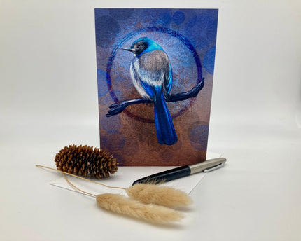 Card with a blue bird illustration on a white background with decorative items.