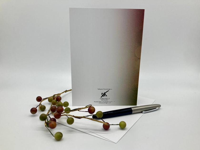 Greeting card with pen and decorative branches on a white background