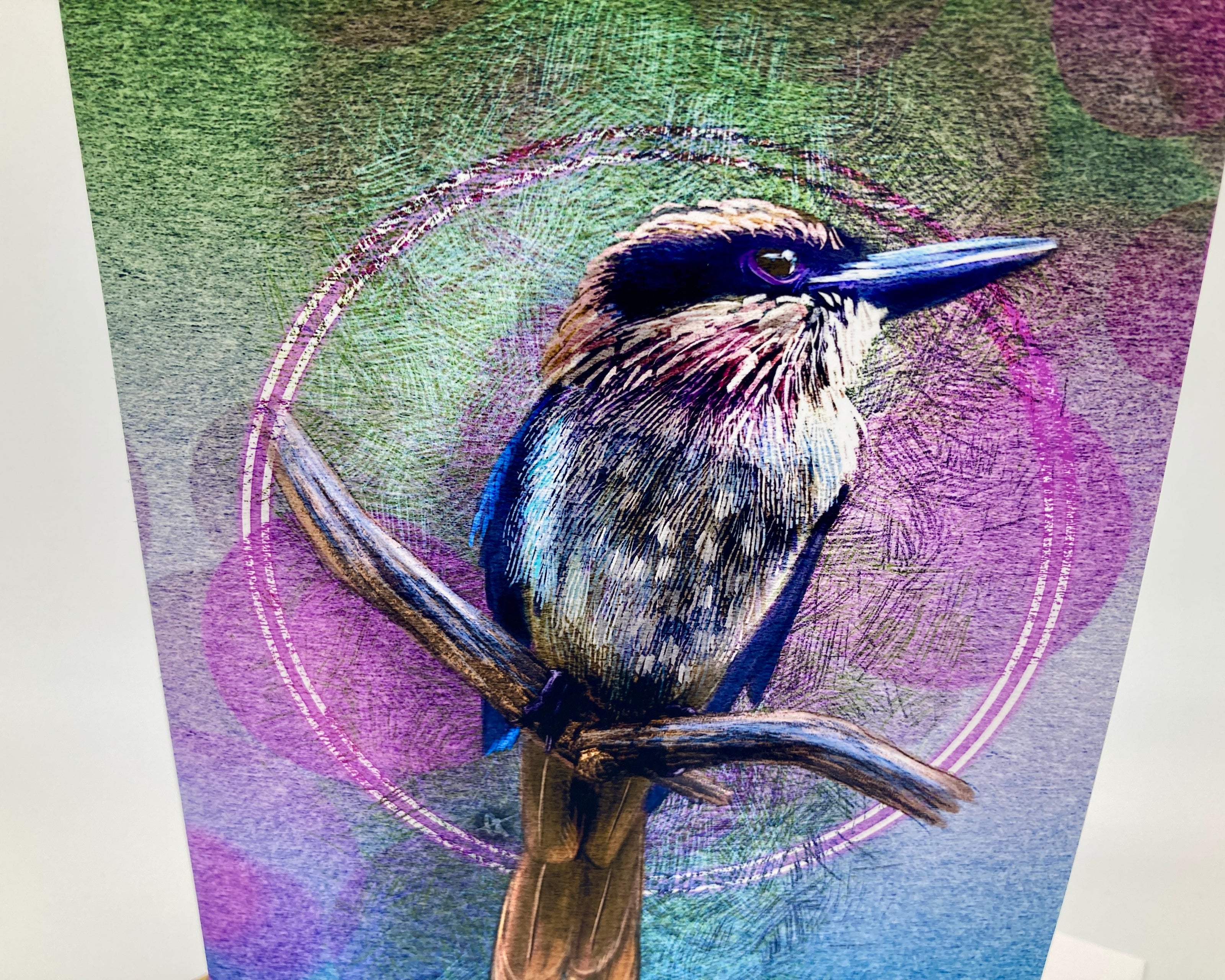 Artistic depiction of a bird perched on a branch with a colorful abstract background