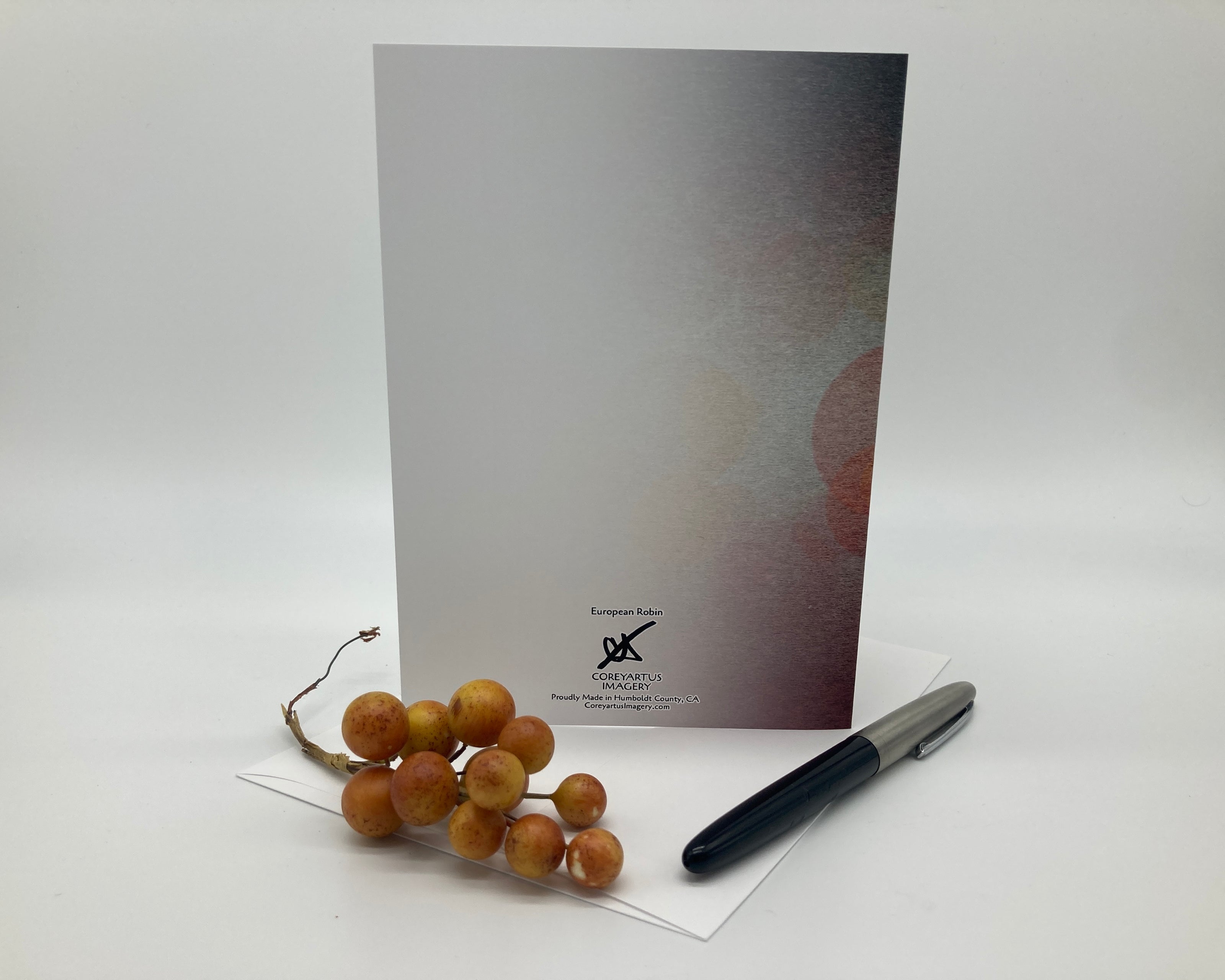 Back of a greeting card with a pen and dried berries on a white background