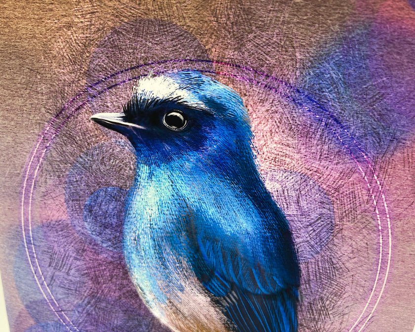 Blue bird illustration on a textured purple and brown background