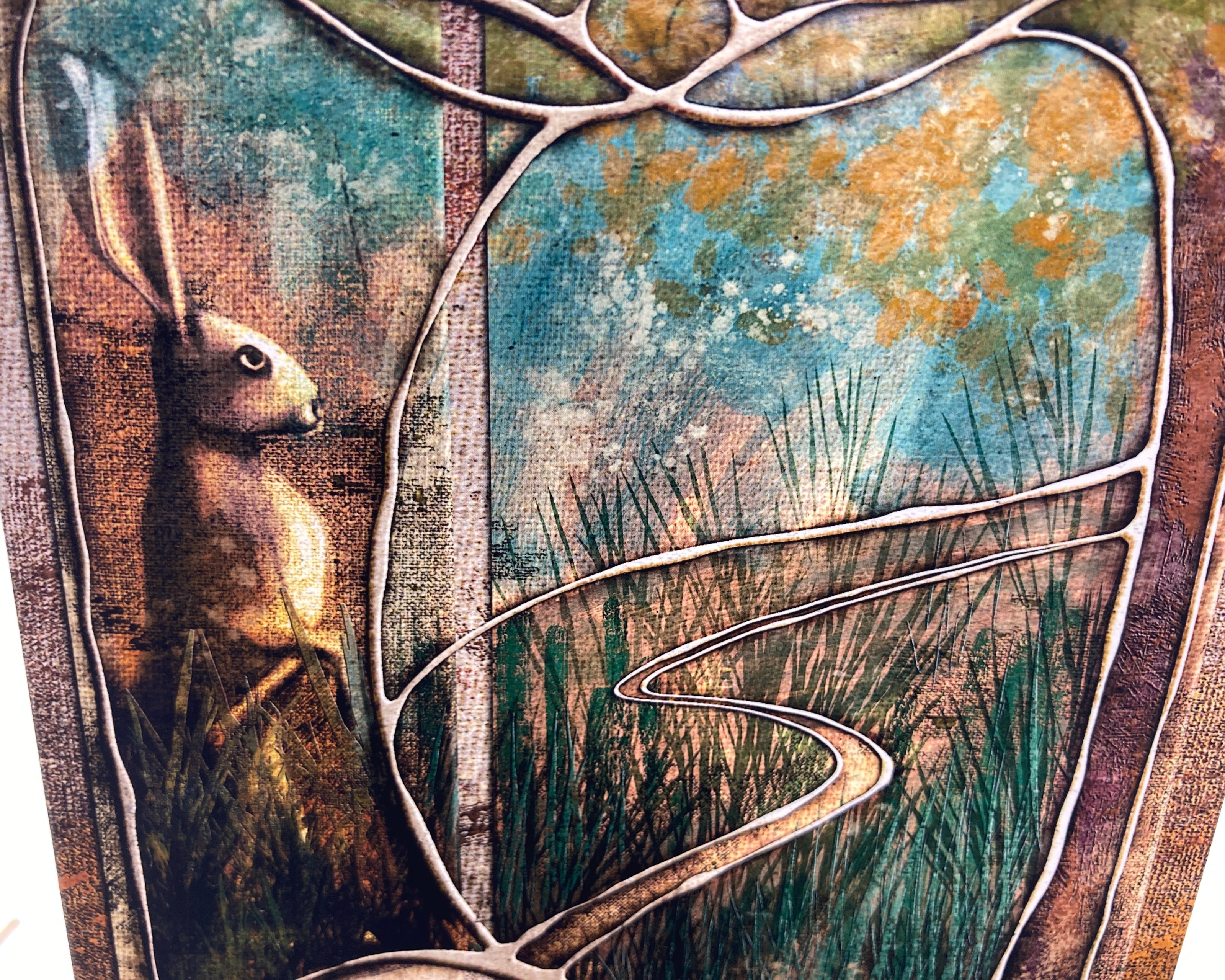 Artistic depiction of a rabbit in a natural setting with abstract elements