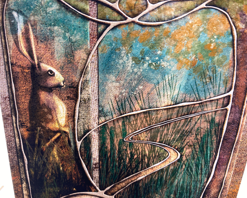 Artistic depiction of a rabbit in a natural setting with abstract elements