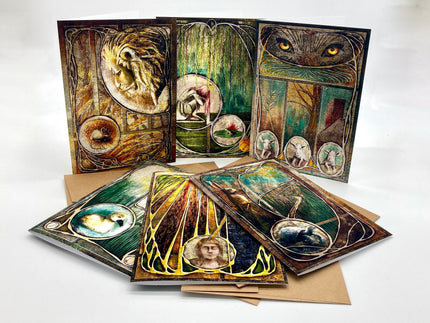 Set of artistic greeting cards with detailed illustrations on a white background