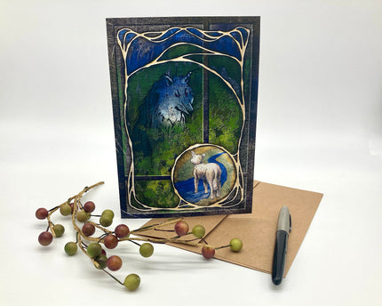 Greeting card with artistic design of a wolf and lamb, accompanied by a pen and decorative branches on a white background.