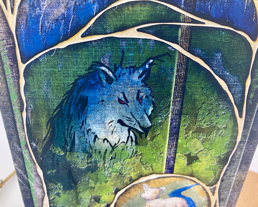 Decorative card with a blue wolf design on a green background
