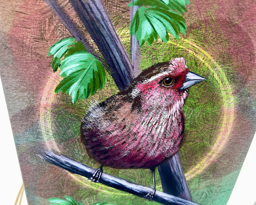 Illustration of a bird perched on a branch with a textured background