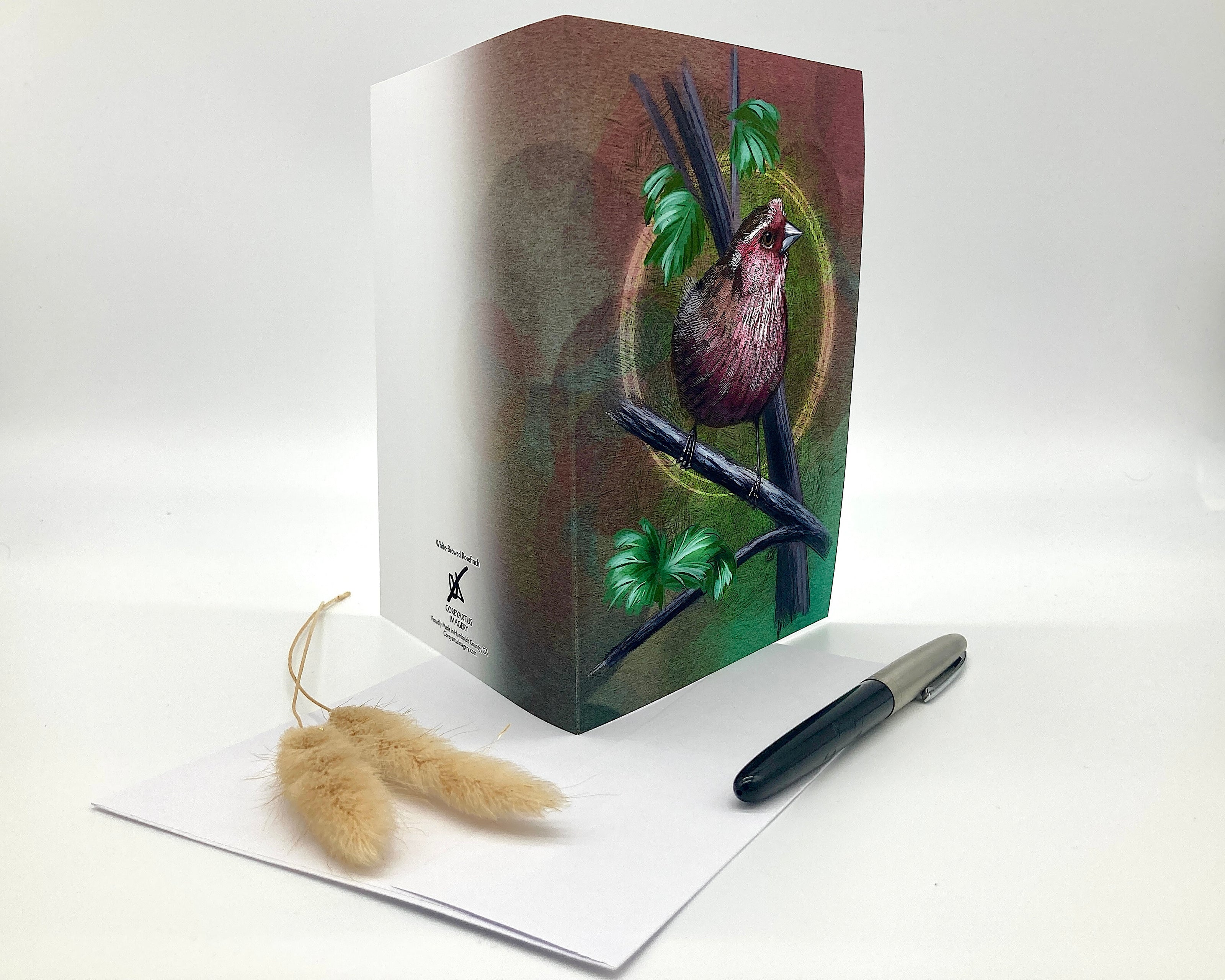 Open greeting card with bird illustration on cover, pen, and feather on white background