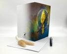 Greeting card with a yellow bird illustration on a white background