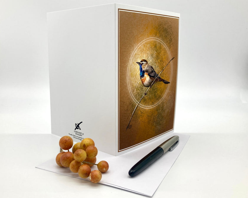 Greeting card with bird illustration on a white surface with fruits and a pen.