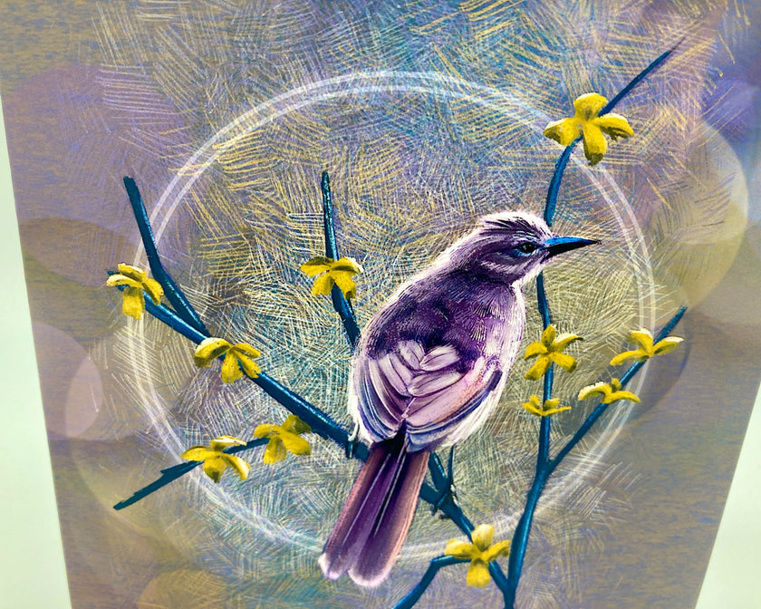 Bird perched on a branch with yellow flowers against a textured background