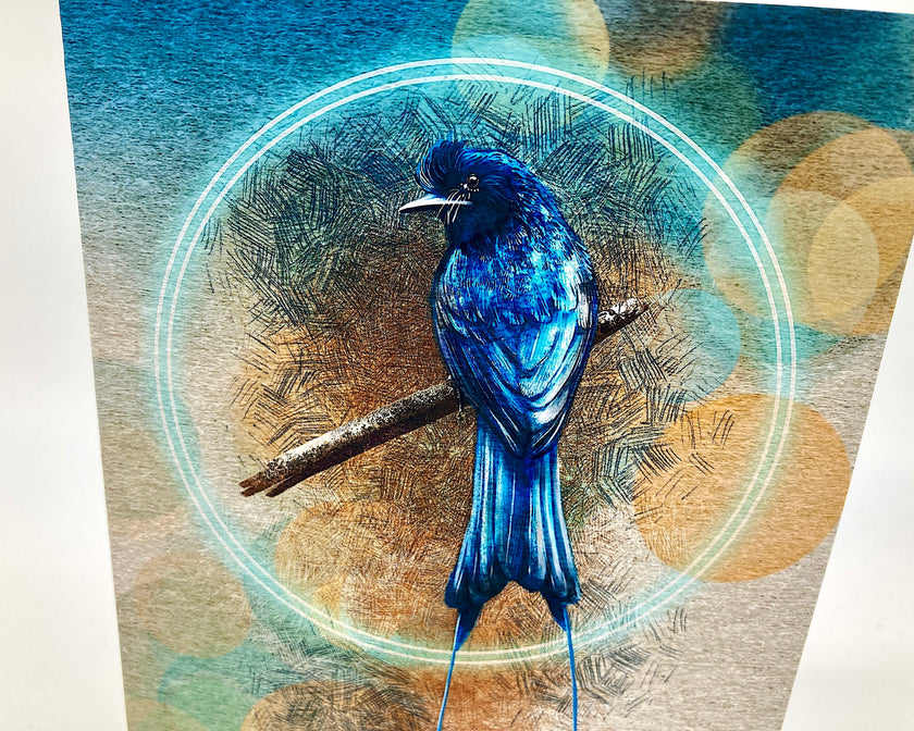 Blue bird illustration on a textured background with circular light effects