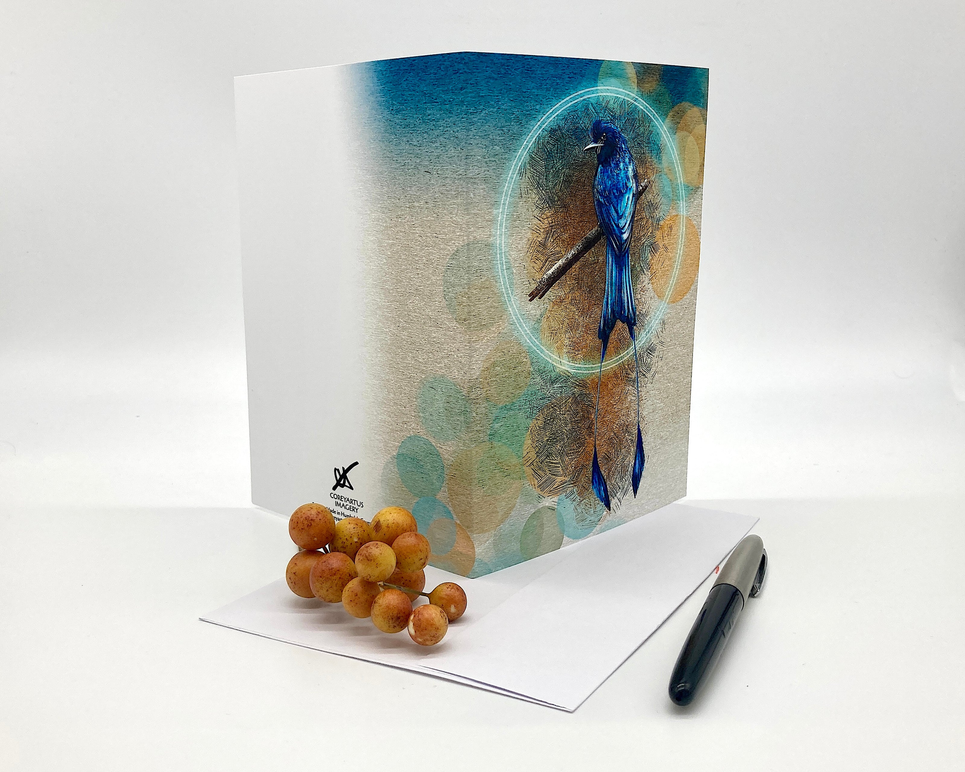 Open greeting card with a blue bird design on a white background